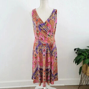 Lauren Ralph Lauren Paisley Sleeveless V-Neck Knee Multicolor Jersey Dress S